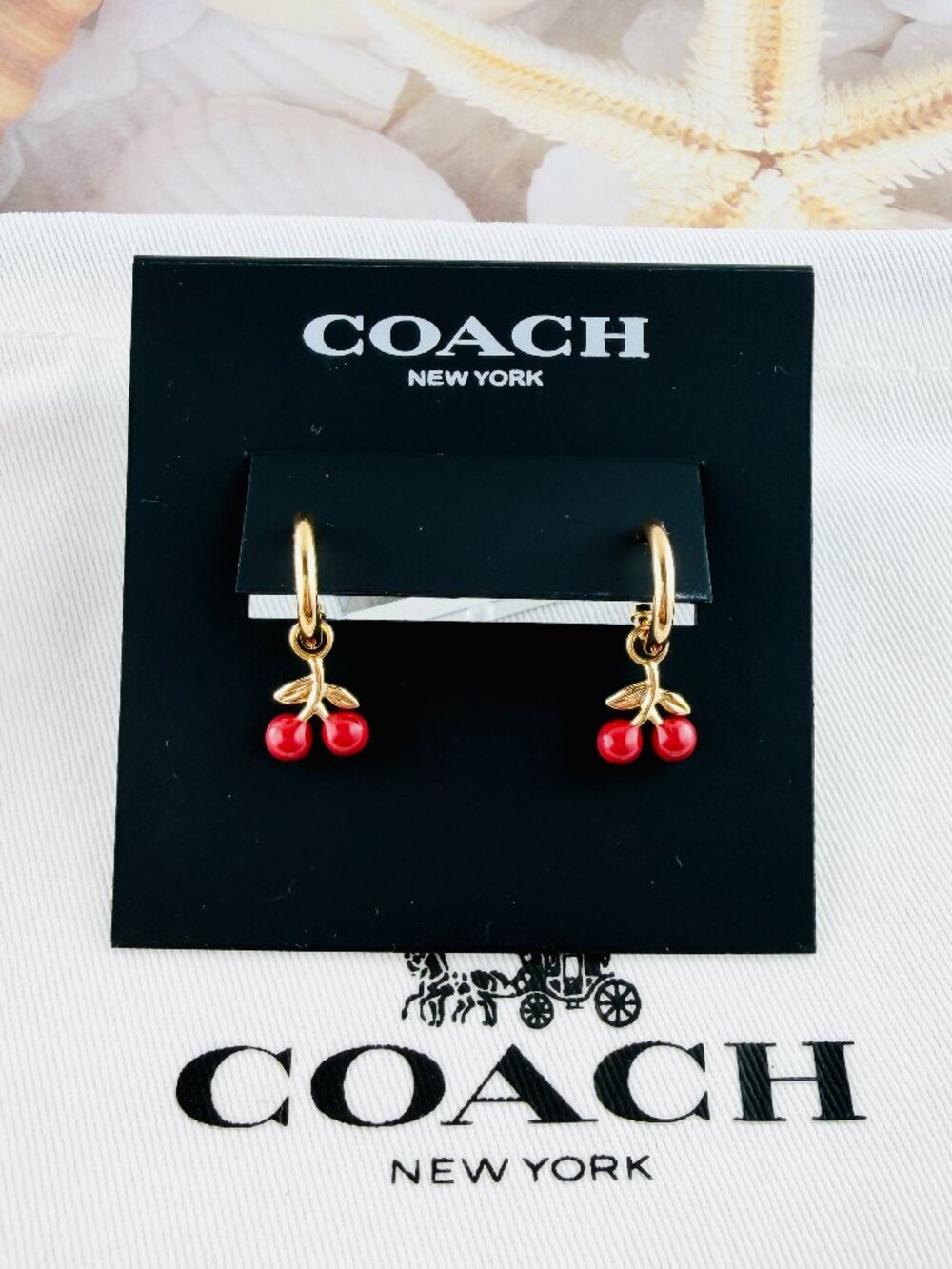 Coach Red Cherry Charm Huggie gold earrings
